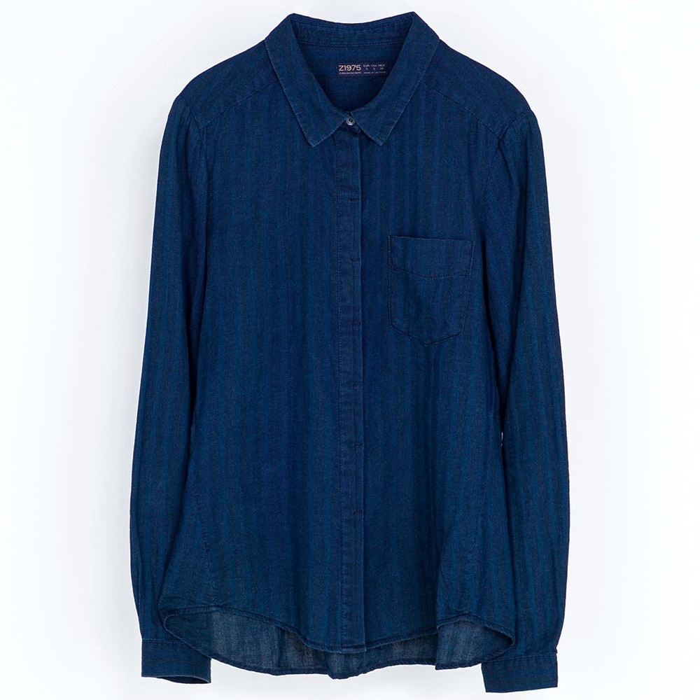 Zara Indigo Stripe Denim Long Sleeve Button Up XS - Picture 4 of 6